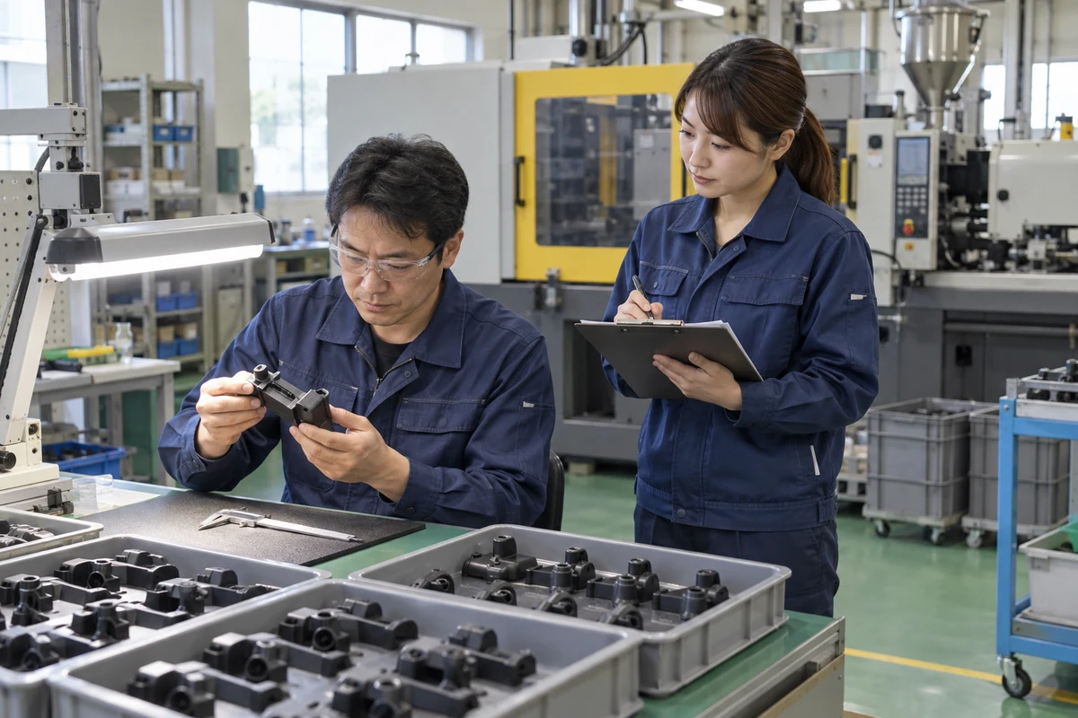 プラスチック成形工場の検査台で成形品を確認する作業者2人の架空イメージ