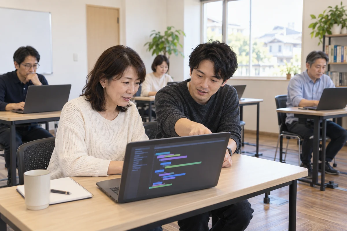 小規模なプログラミング教室で講師が成人受講者へ画面を示して説明する架空イメージ