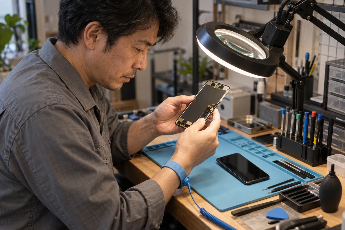 独立系スマホ修理店の技術者が静電気対策の作業台で交換用ディスプレイを確認する架空イメージ