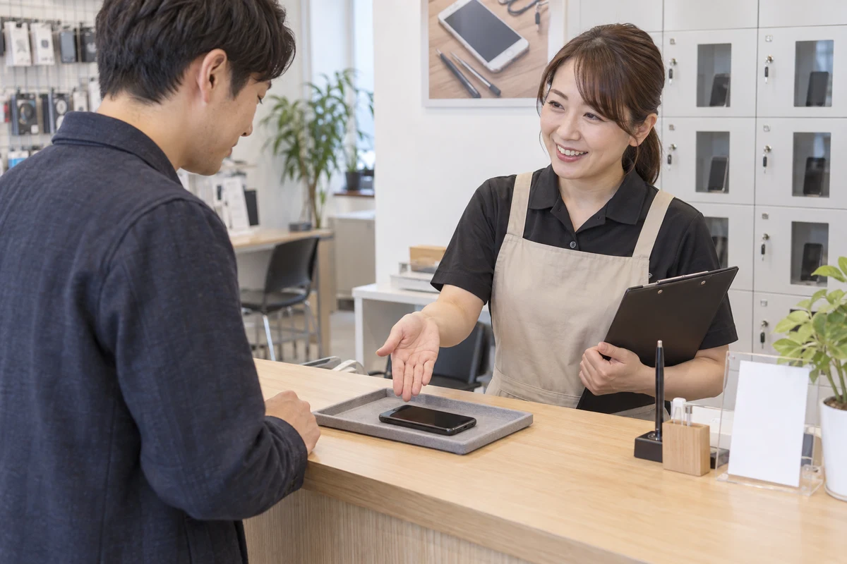 スマートフォン修理店の受付で担当者が成人の顧客へ預かり手順を説明する架空イメージ