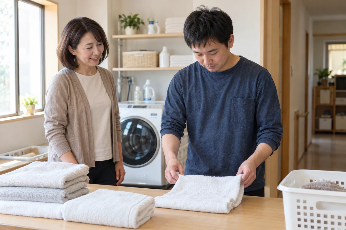 タオルを畳む利用者を支援者が見守る場面