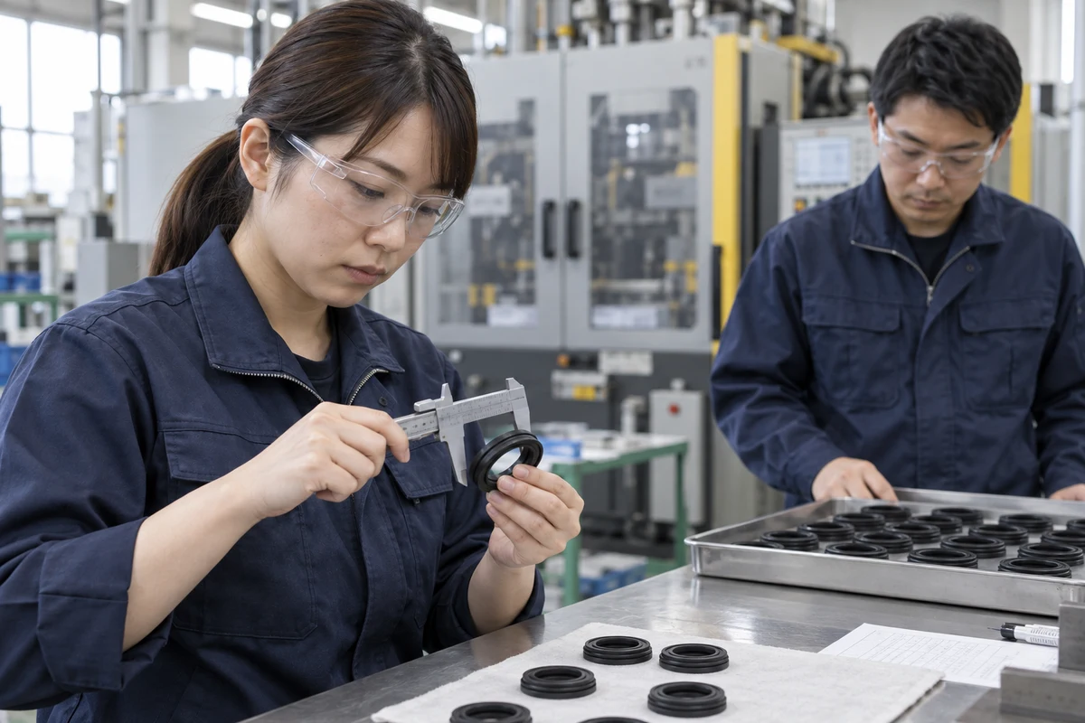 ゴム製品の検査台で作業者が冷えたゴム部品の寸法と外観を確認する架空イメージ