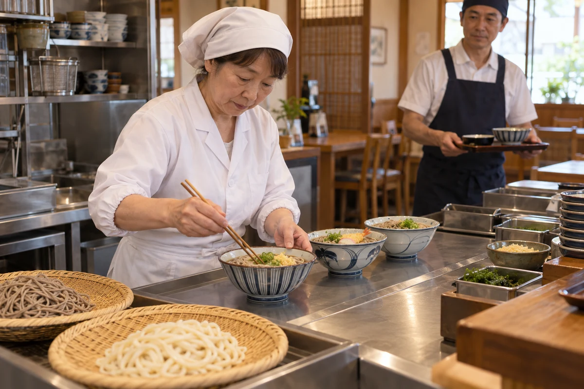 そば・うどん店の厨房で調理者が麺の盛付を仕上げ配膳担当者へ渡す架空イメージ