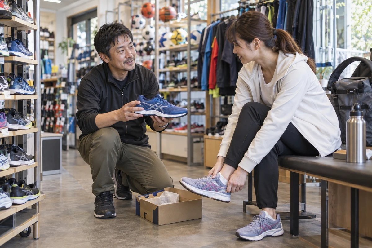 スポーツ用品店で靴のサイズ選びを手伝う店員と来店客のAI生成イメージ