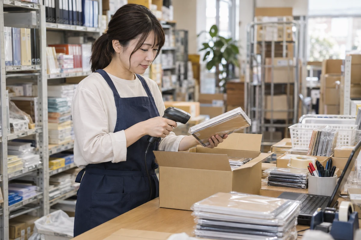 文具店のバックヤードで法人向け商品の品番を確認し梱包する店主のAI生成イメージ
