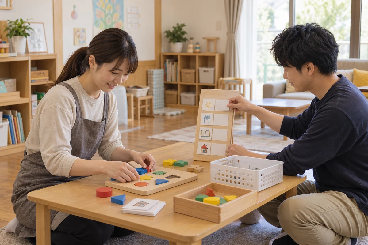 生活空間で活動用の教材を準備する成人の支援職員2人。AI生成の架空イメージ。