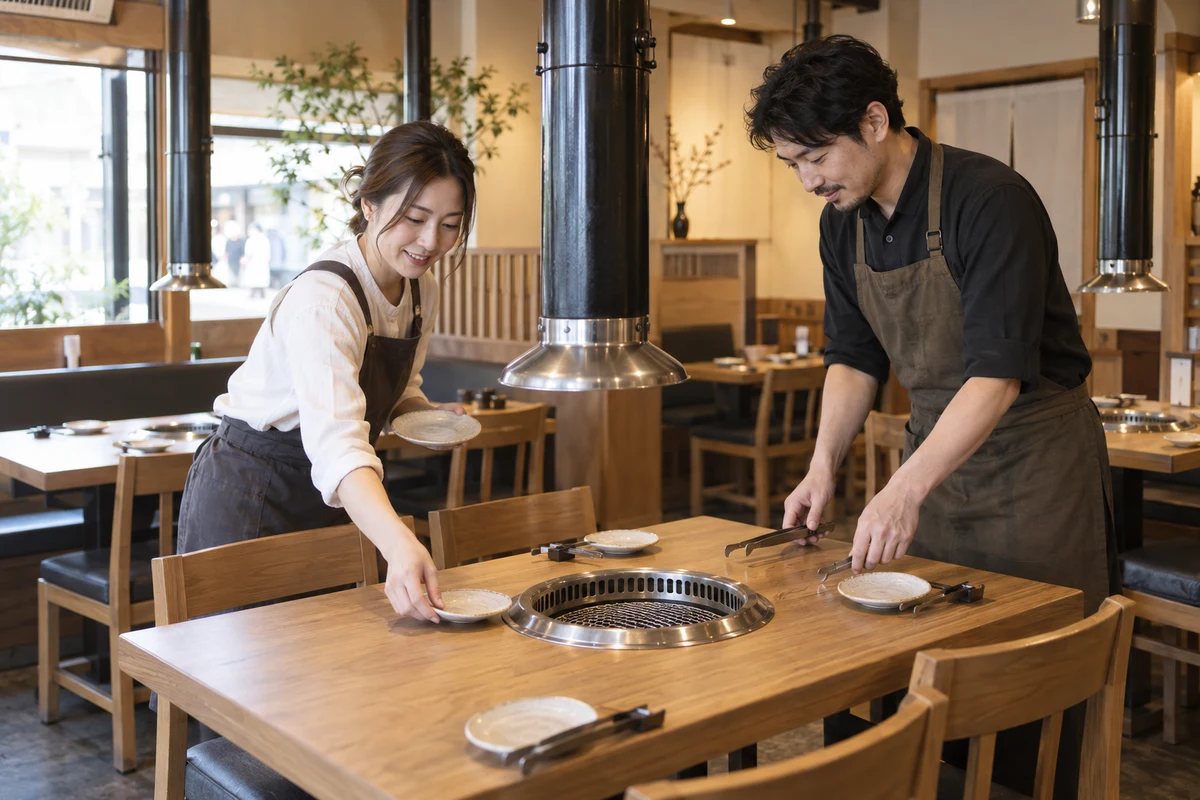 開店前の焼肉店で清潔なトングと食器を準備する店主とスタッフ。AI生成の架空イメージ。
