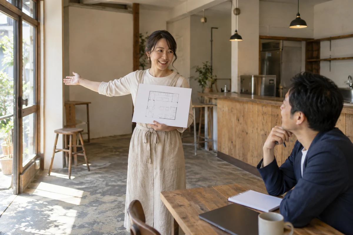 開業予定の店舗で計画の説明を練習する女性と話を聞く協力者。AI生成の架空イメージ。