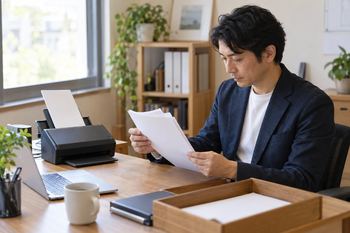 小さな事務所で契約書類のページ順とスキャン準備を確認する経営者。AI生成の架空イメージ。