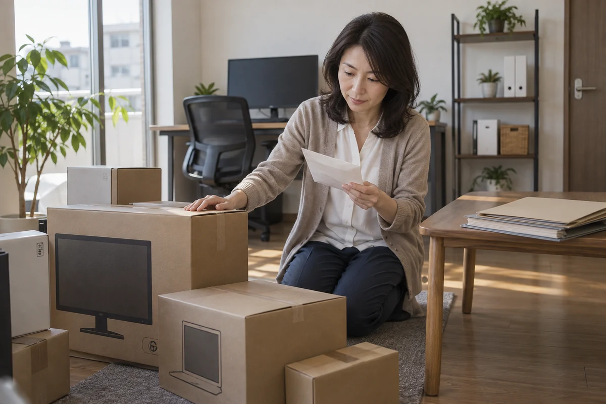 新しい事務所で購入機器の箱と支出資料を照合する女性の創業者。AI生成の架空イメージ。
