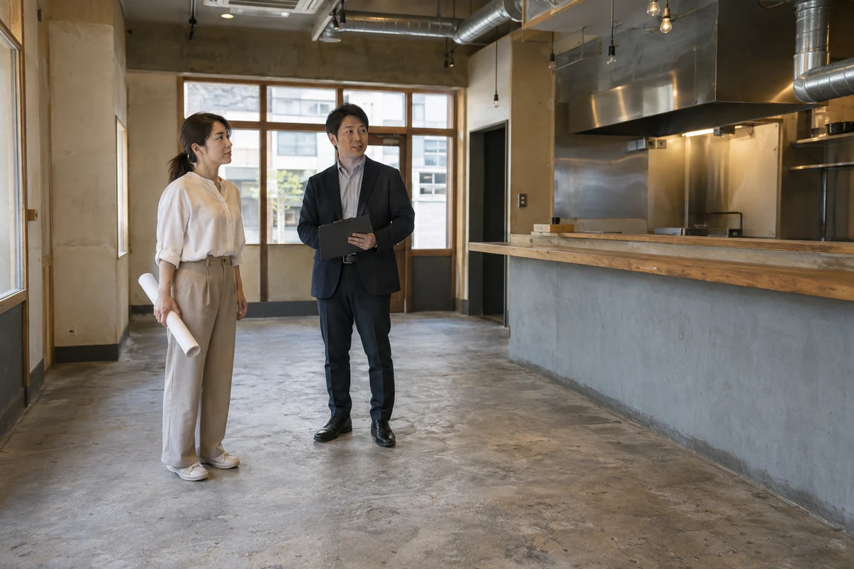 開業予定の飲食店で室内と設備配置を確認する女性経営者と相談担当者。AI生成の架空イメージ。