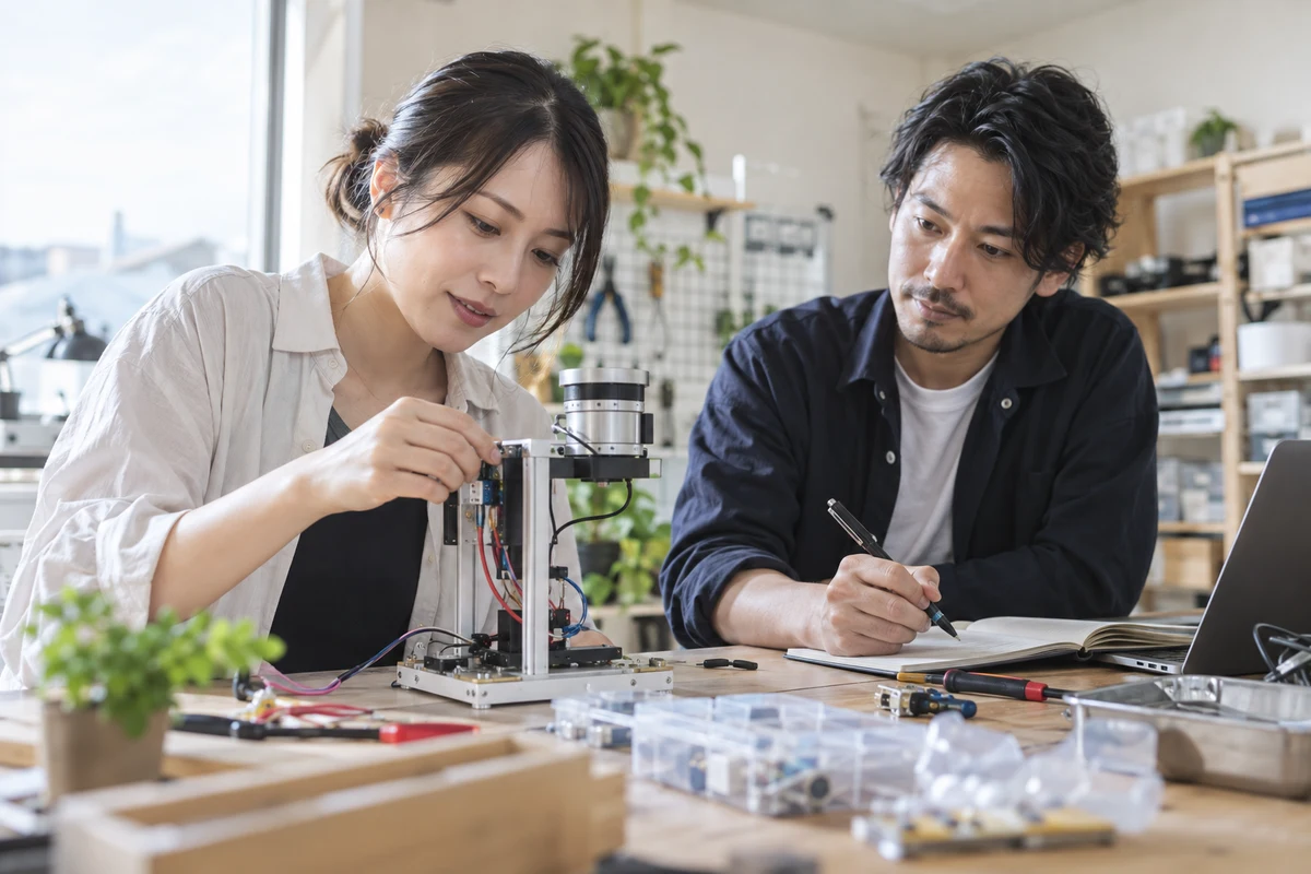 小規模な開発現場でセンサーの試作機を検証する男女の創業者。AI生成の架空イメージ。