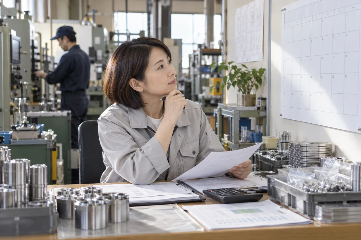 小規模な製造工場で年間予定と生産日程を比べる女性経営者。AI生成の架空イメージ。
