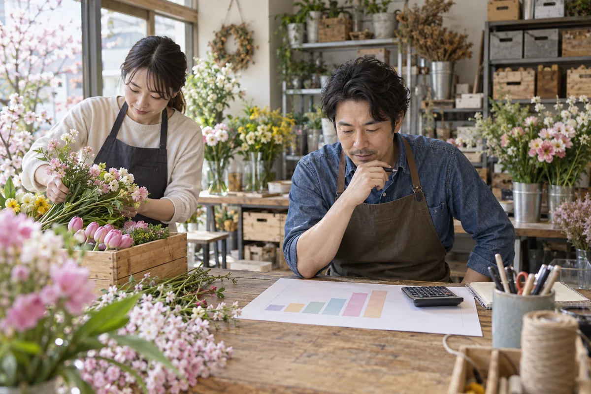花店の作業場で季節商品の在庫と月別計画を確認する男女の経営者。AI生成の架空イメージ。