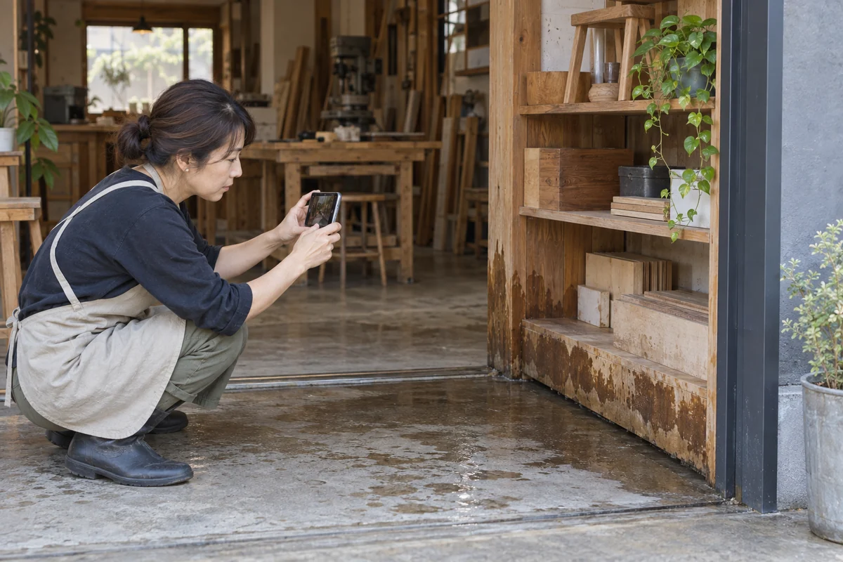 水害後の家具工房で安全な場所から棚の被害を記録する女性経営者。AI生成の架空イメージ。