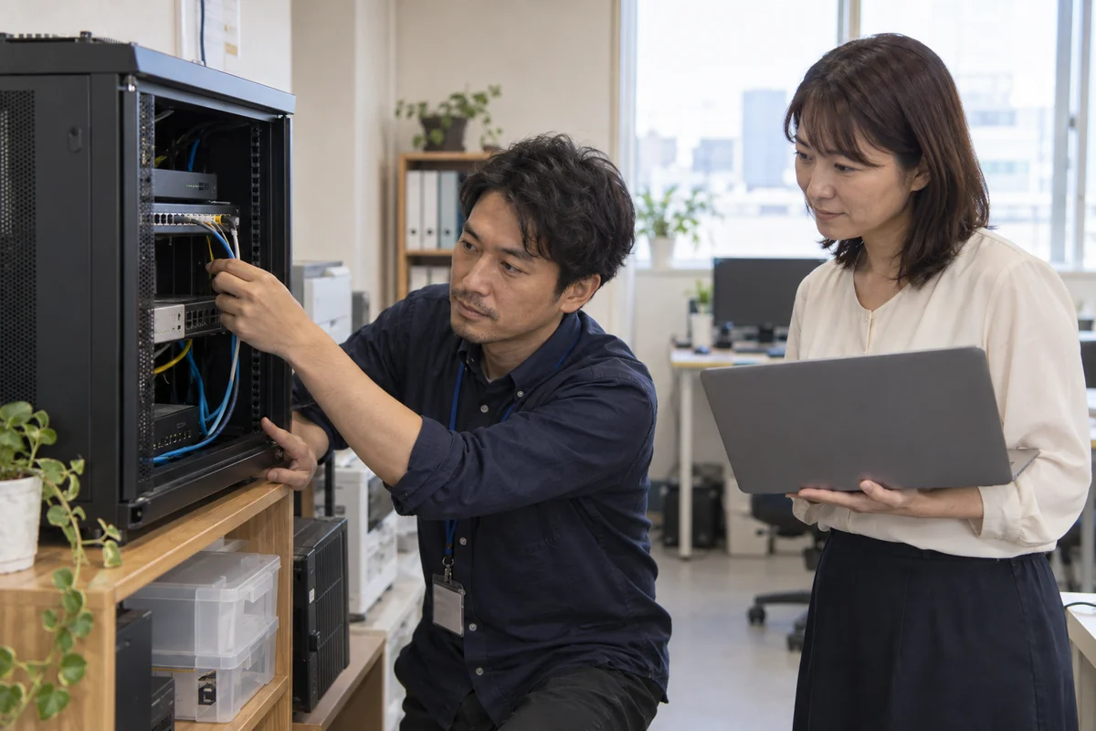 小規模事業者の事務所でネットワークの試験作業を行い利用者と結果を確認するIT支援の創業予定者。AI生成の架空イメージ。