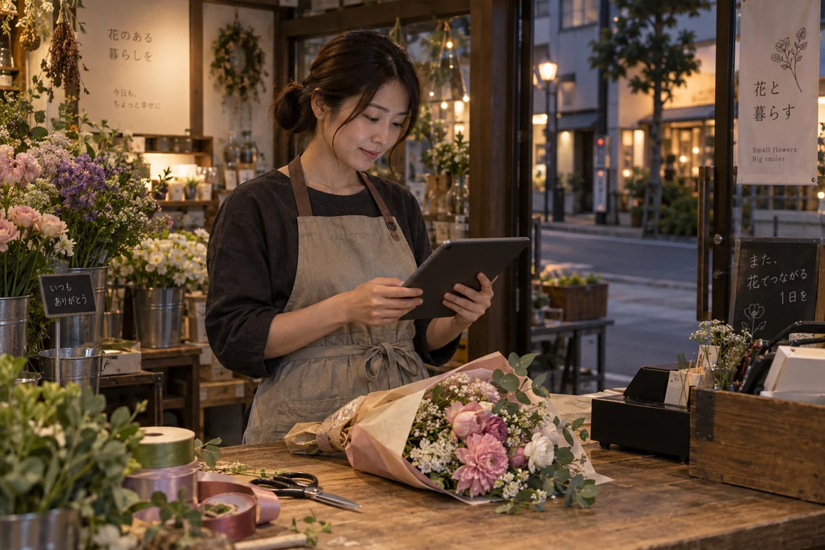 閉店時の花店でタブレットを使い返済と支払予定を確認する女性経営者。AI生成の架空イメージ。