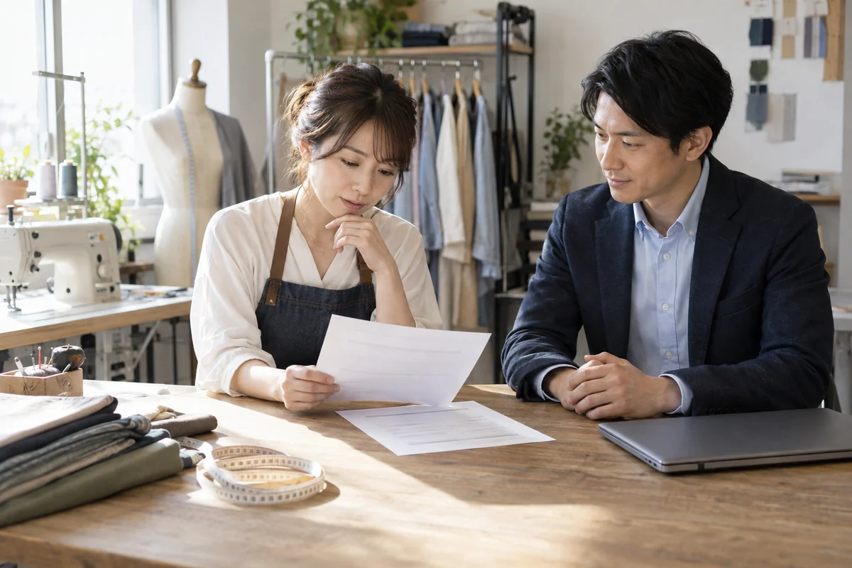 服のお直し店の作業台で追加見積を確認する創業者と支援者の架空イメージ
