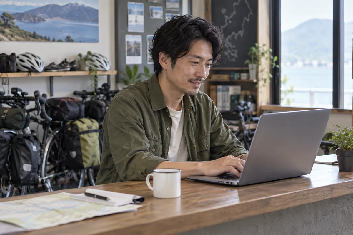 自転車ツアー事業の準備中に自分の端末でオンライン支援を受ける創業者の架空イメージ