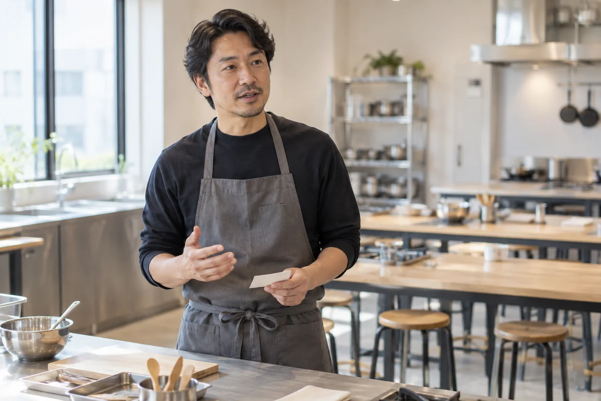 料理教室の開業予定者が自分の言葉で事業説明を練習する架空イメージ