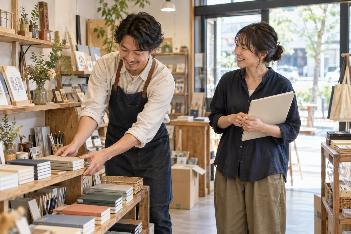 文具店の開業準備をしながら家計の資料を確認する夫婦の架空イメージ