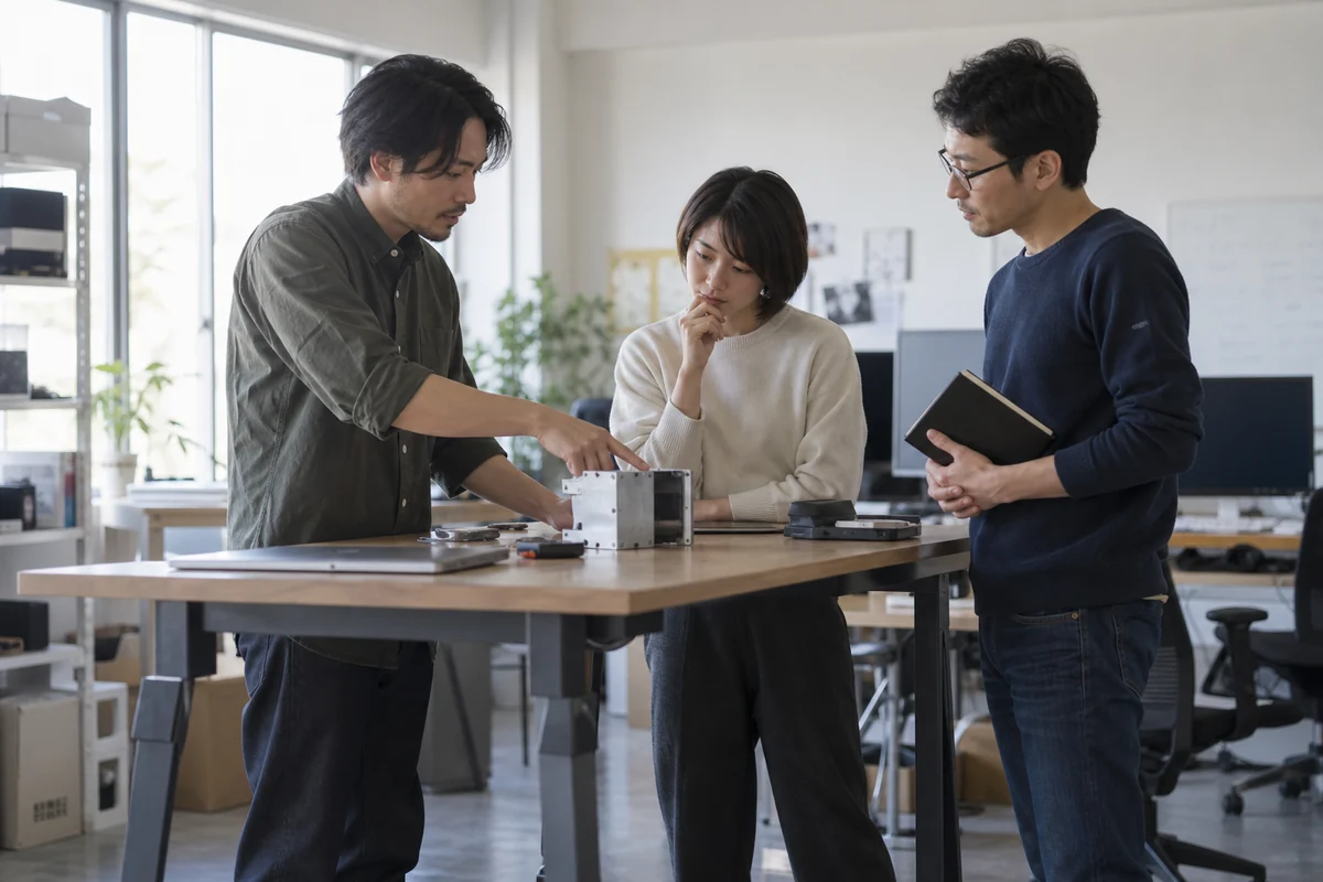 試作品を囲んで新しい事業方針を検討する開発チームの架空イメージ