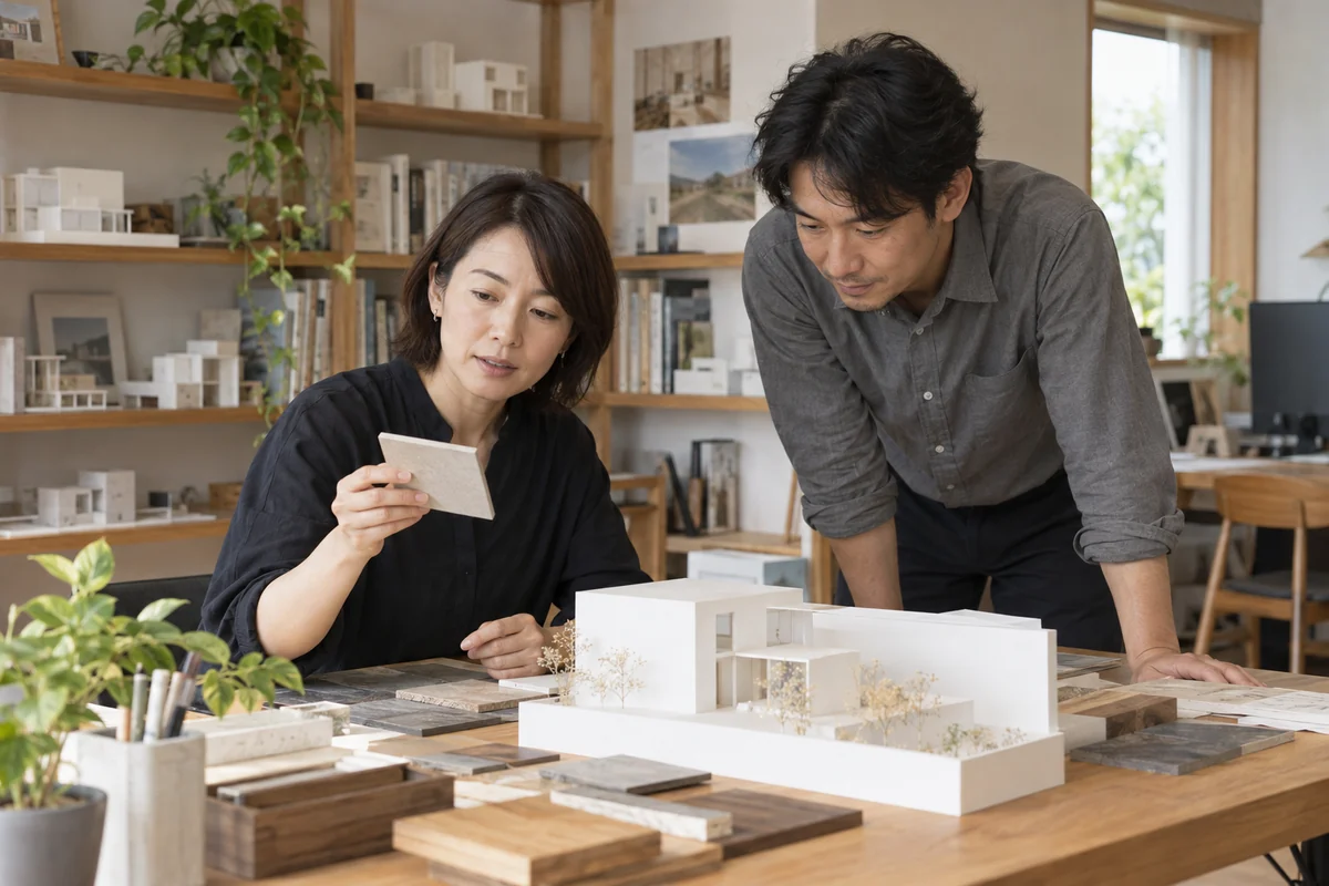 模型と仕上げ材を見ながら設計方針を検討する建築士事務所の二人。AI生成の架空イメージ
