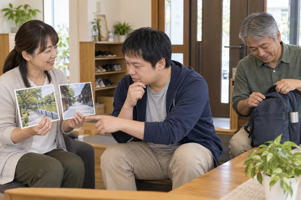 落ち着いた室内で成人の利用者と二人の支援者が外出の予定を確認する場面。AI生成の架空イメージ