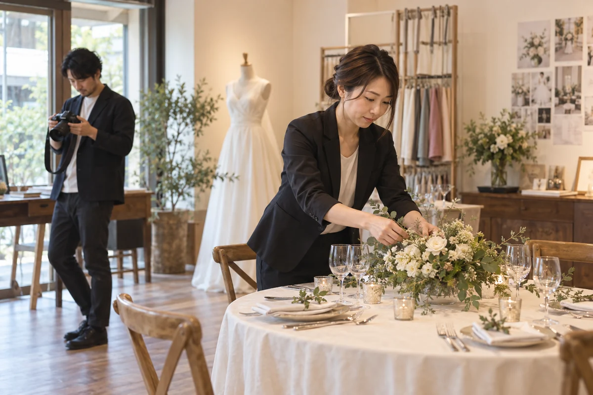 婚礼ショールームでテーブルの装花を整える担当者と撮影準備をするスタッフ。AI生成の架空イメージ