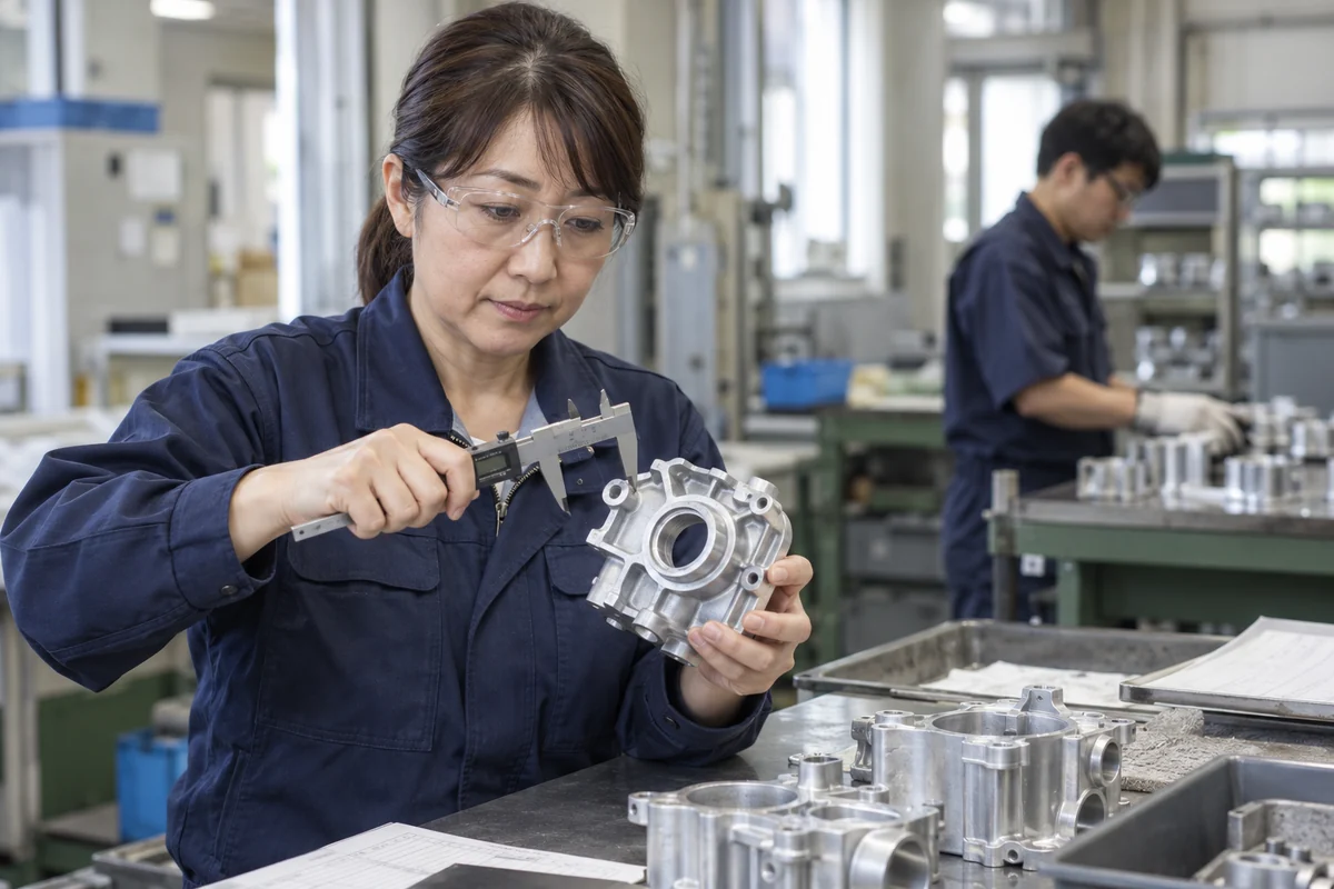 保護眼鏡を着けた作業者が、冷えた鋳造部品の寸法検査を準備する場面。AI生成の架空イメージ