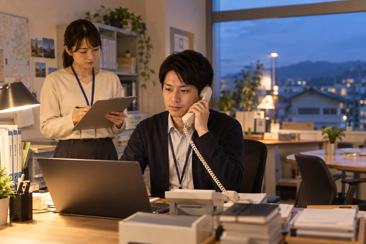 地域定着支援の連絡担当が電話に対応し、同僚が連絡先を確認する場面。AI生成の架空イメージ