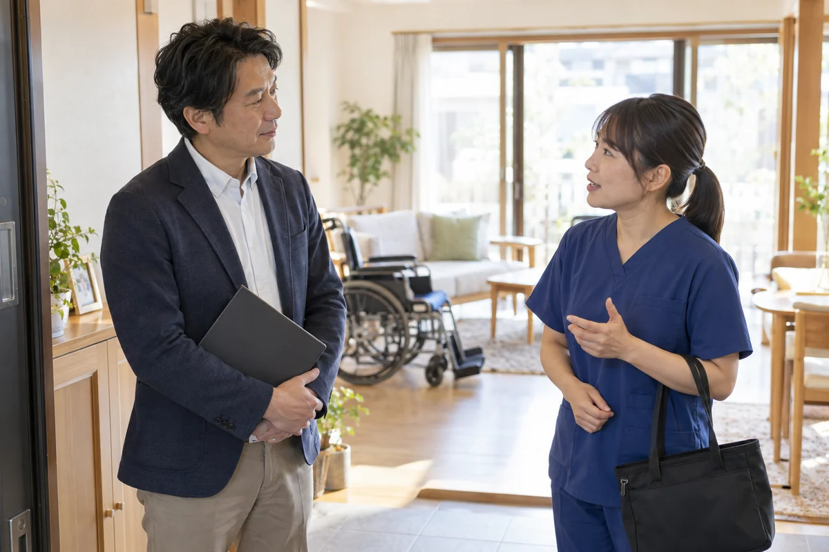 包括的な支援の引継ぎを確認する調整担当者とケアスタッフを表したAI生成の架空イメージ