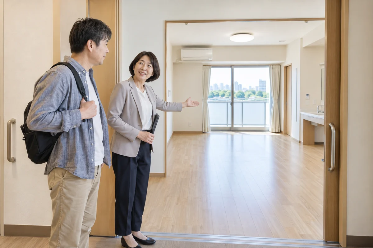住まいの見学に同行する地域移行支援の担当者と成人の利用者を表したAI生成の架空イメージ