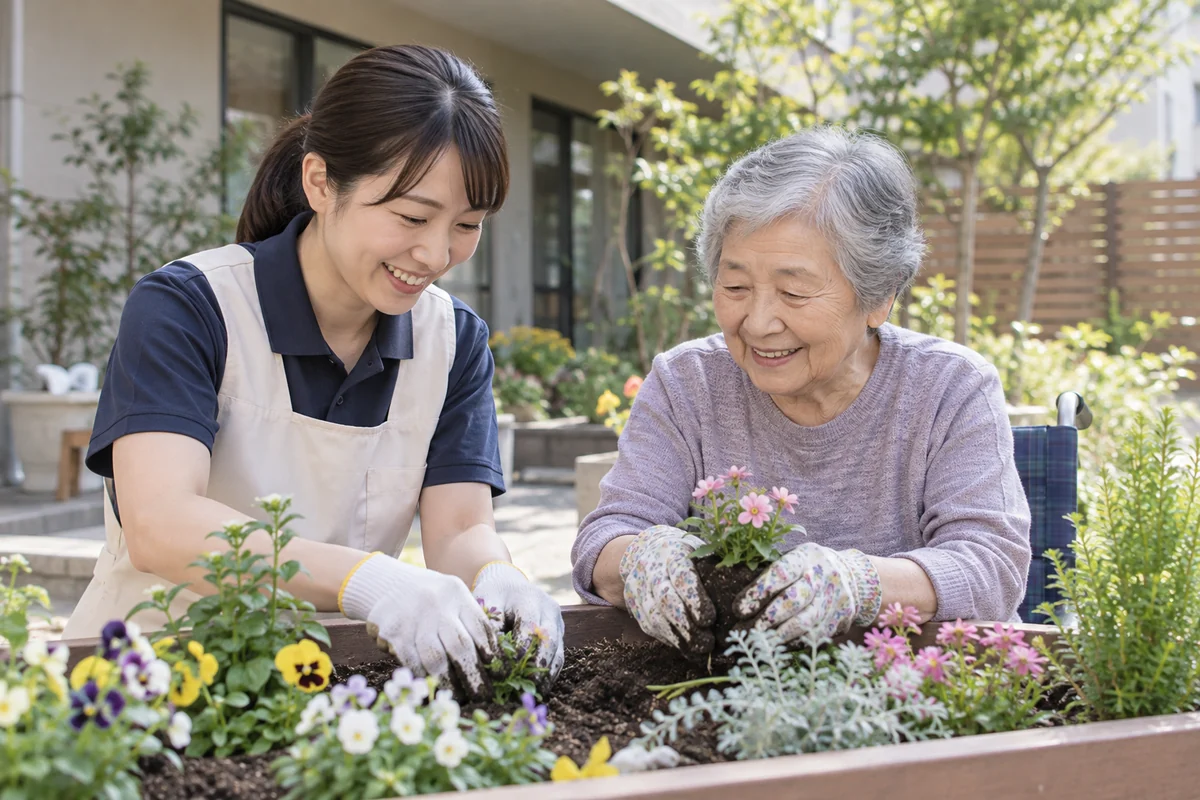 中庭のプランターで高齢者と花を植える介護職員を表したAI生成の架空イメージ
