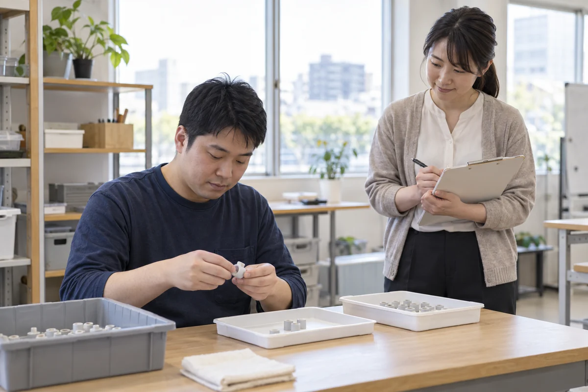 就労場面のアセスメントで成人の利用者の作業を見守り記録する日本人支援員を表したAI生成の架空イメージ