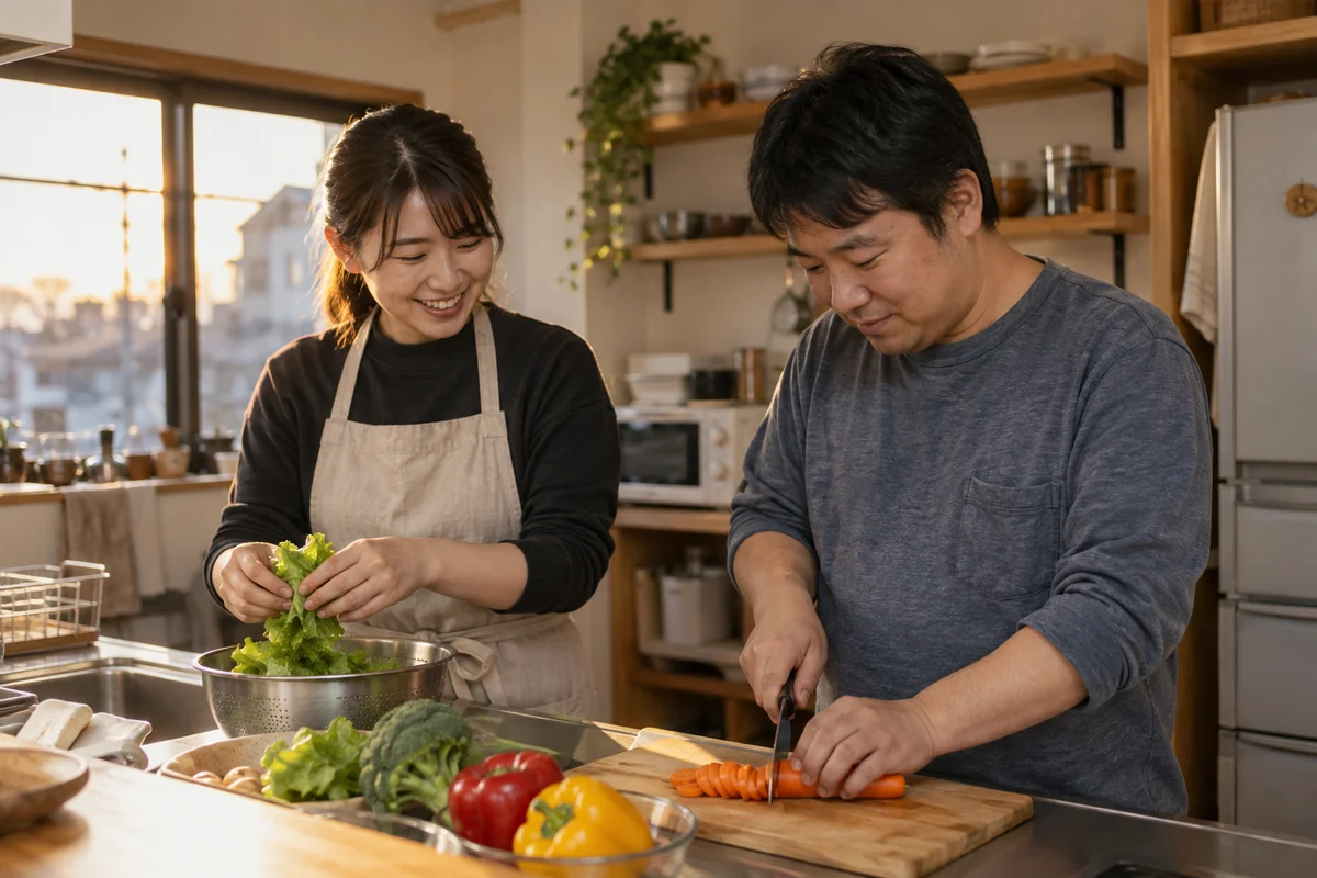 住居で食事の準備をする成人利用者とグループホーム職員のイメージ