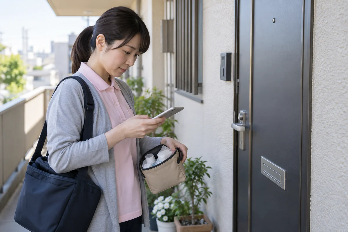 玄関前で訪問予定と支援用品を確認する成人の居宅介護職員のイメージ