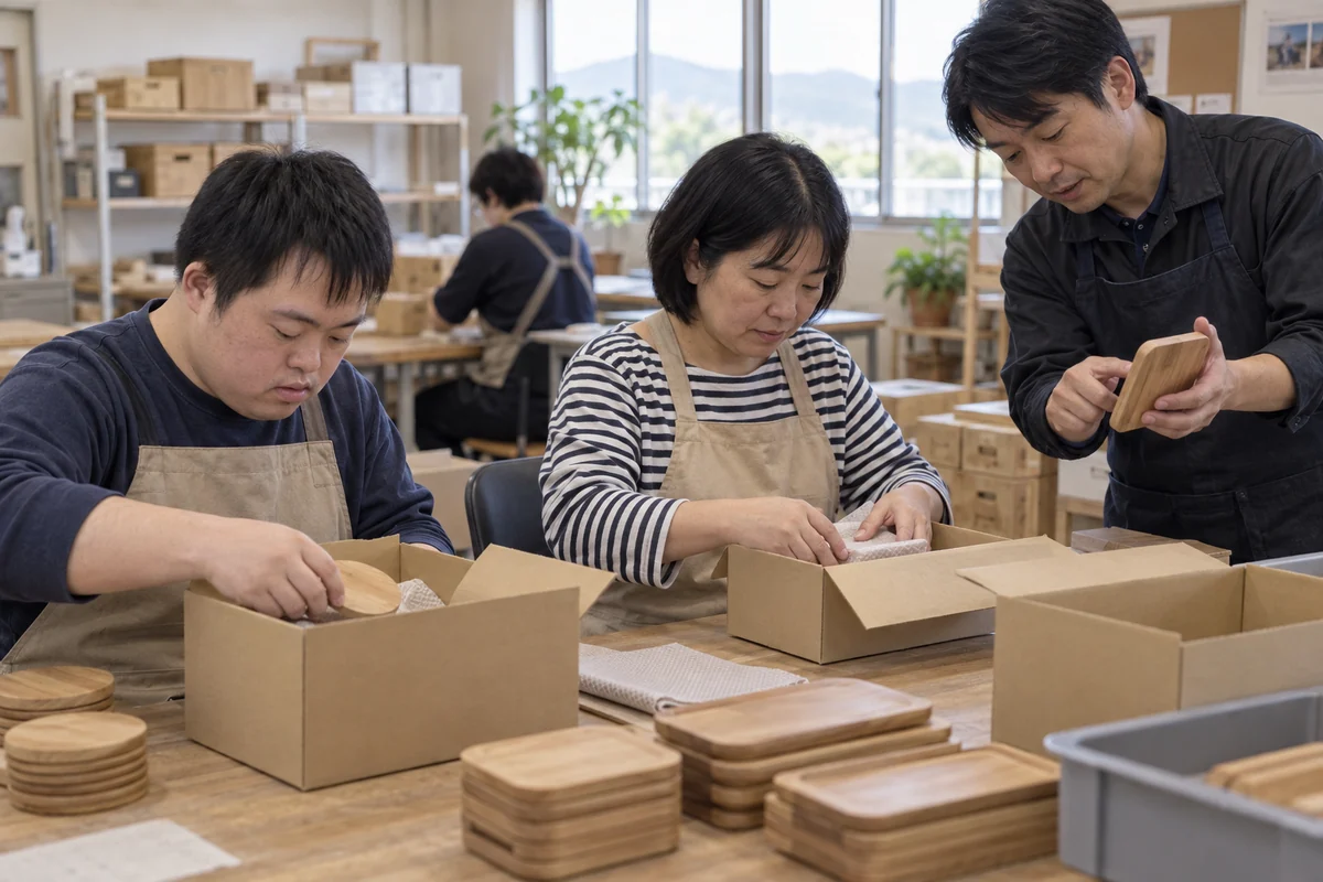 木製品の梱包と検品をする成人の利用者と職業指導員を表したAI生成の架空イメージ