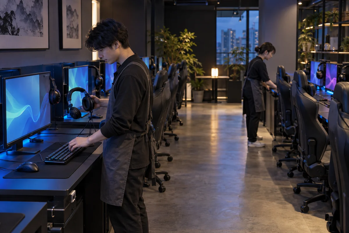 開店前にPCのキーボードとヘッドセットを点検するeスポーツ施設の成人スタッフを表したAI生成の架空イメージ