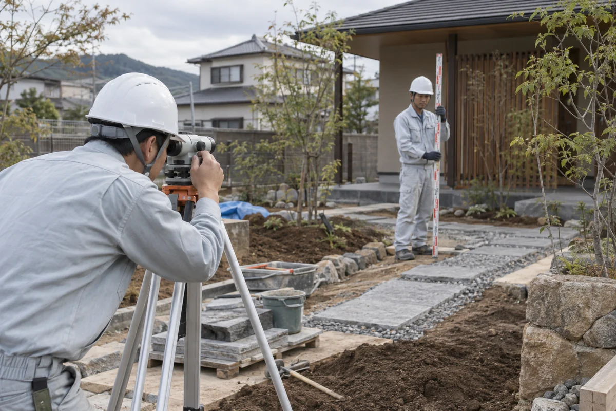 住宅の外構現場で測量機と標尺を使って地盤の高さを確認する造園工事職人を表したAI生成の架空イメージ