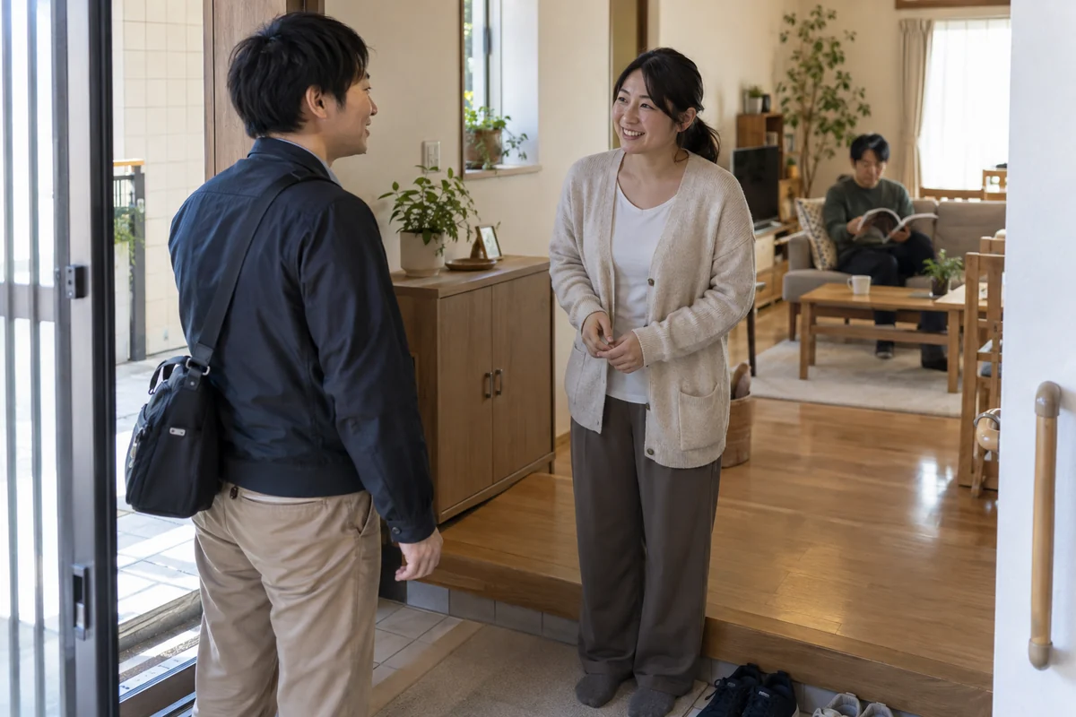 共同住居の入口で訪問する介護職員を迎えるホーム職員と、居間で過ごす成人入居者を表したAI生成の架空イメージ