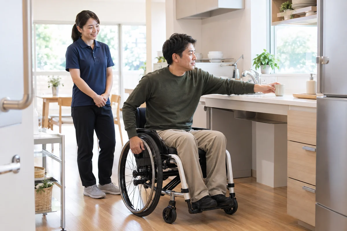 生活動作の練習用キッチンでカップを置く成人の車椅子利用者を見守る専門職を表したAI生成の架空イメージ