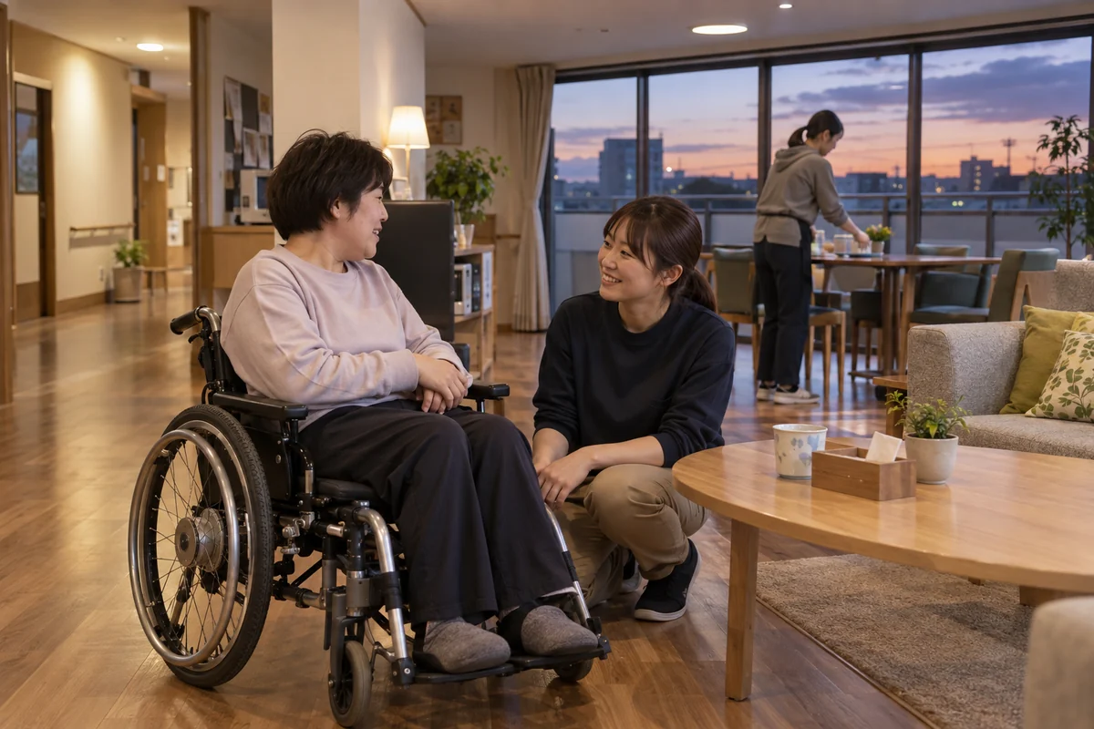 夕方の共用室で成人の車椅子利用者の話を聞く支援員と、夜間の生活環境を整える職員を表したAI生成の架空イメージ
