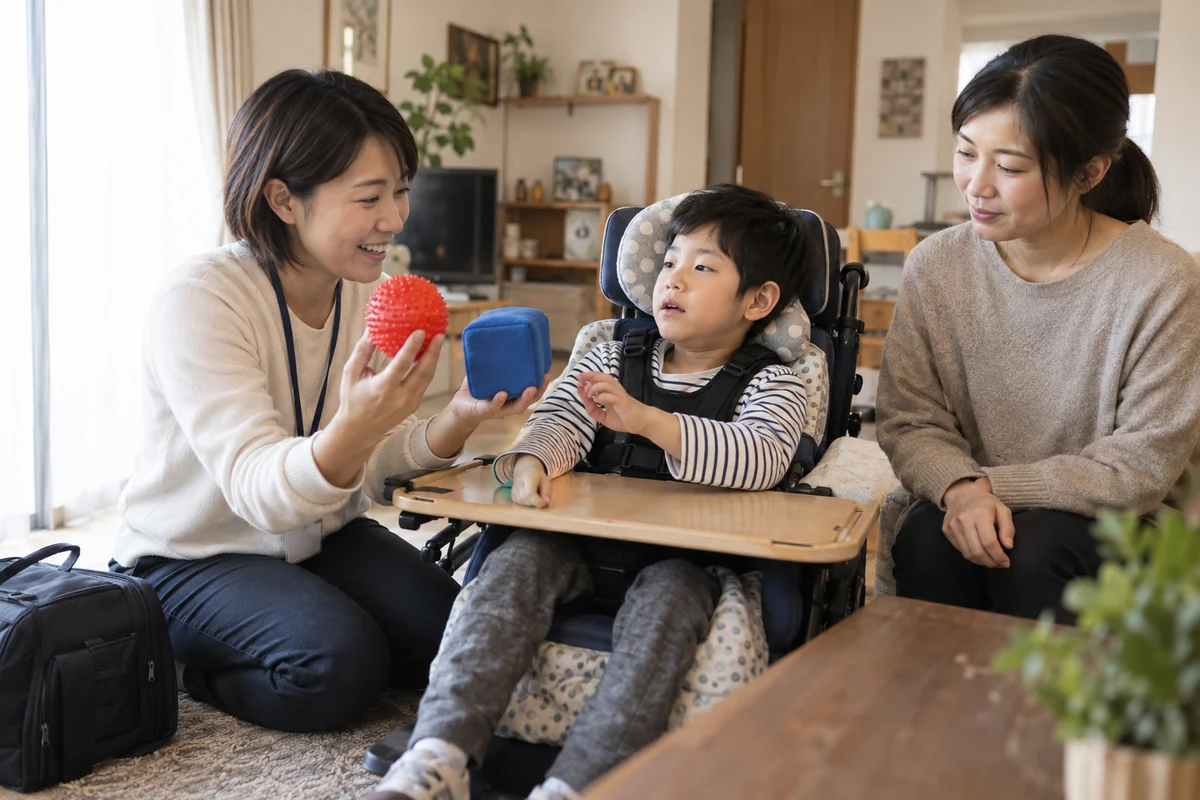 家庭の居間で支援用の椅子に座る子どもへ二つの教材を示す訪問支援員と保護者を表したAI生成の架空イメージ