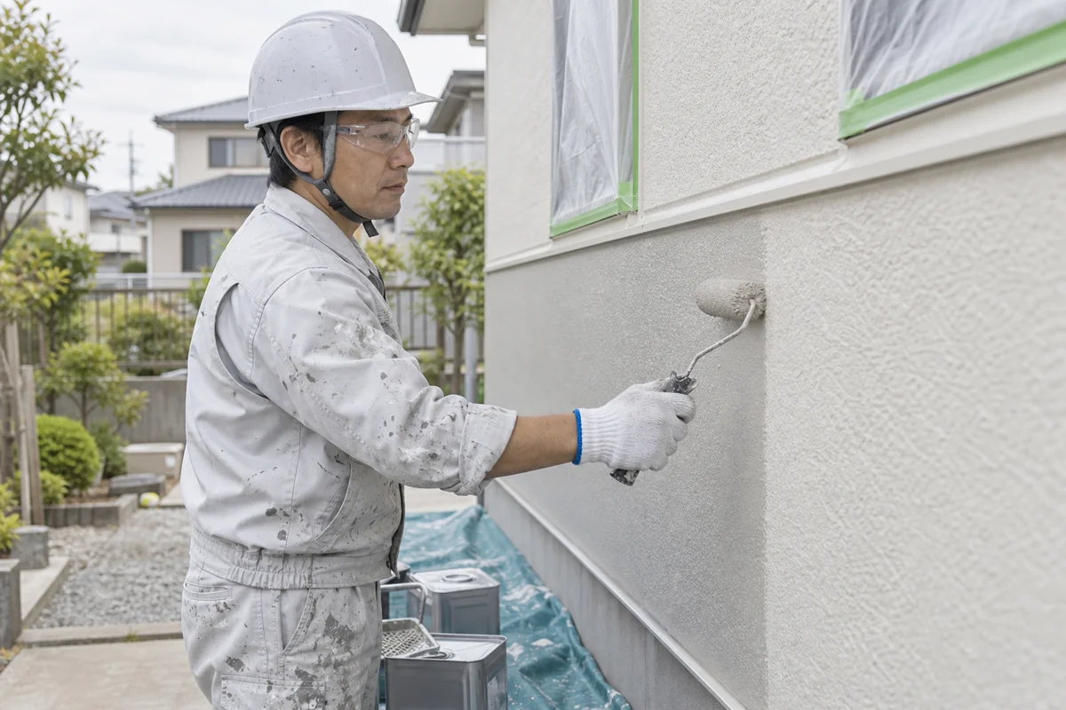 地面に立ち養生した住宅の外壁へローラーで塗装する保護具着用の職人を表したAI生成の架空イメージ
