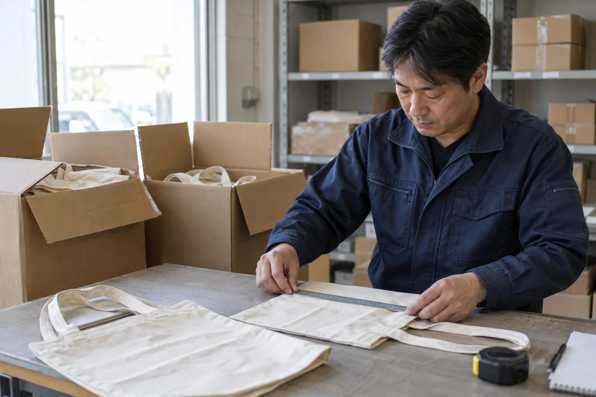 小規模倉庫の検品台で布製バッグの寸法と縫製を確認する輸入卸売担当者を表したAI生成の架空イメージ