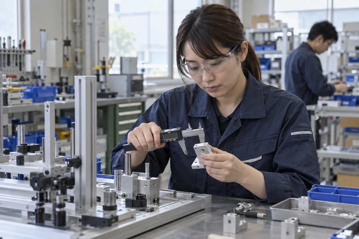 組立工場で安全眼鏡を着用しノギスと機械部品を手に検査を準備する技術者を表したAI生成の架空イメージ