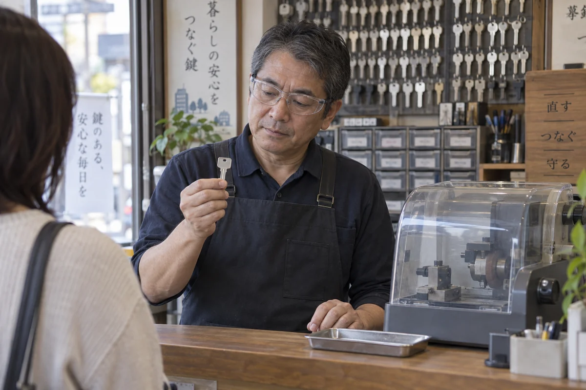 店頭の停止中のキーマシンのそばで鍵素材を確認する合い鍵店主を表したAI生成の架空イメージ