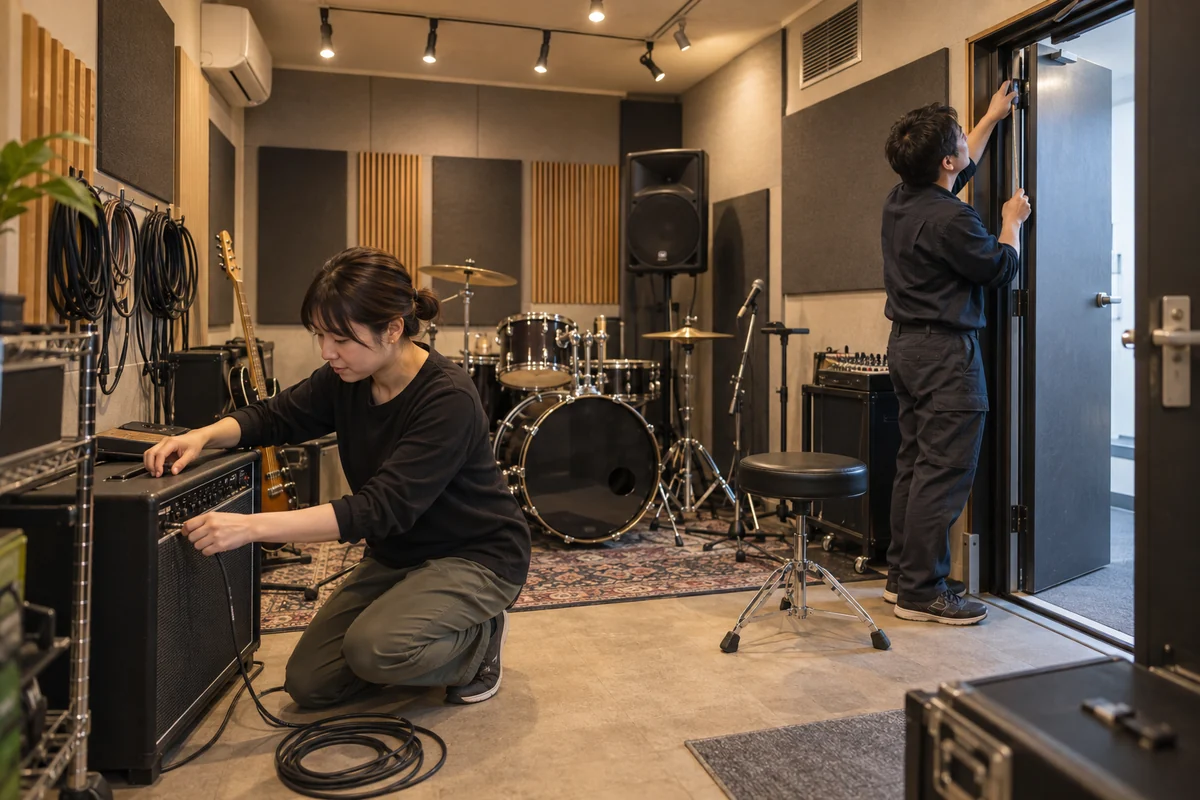 防音された音楽練習室でアンプと防音扉を点検するスタジオ運営者を表したAI生成の架空イメージ