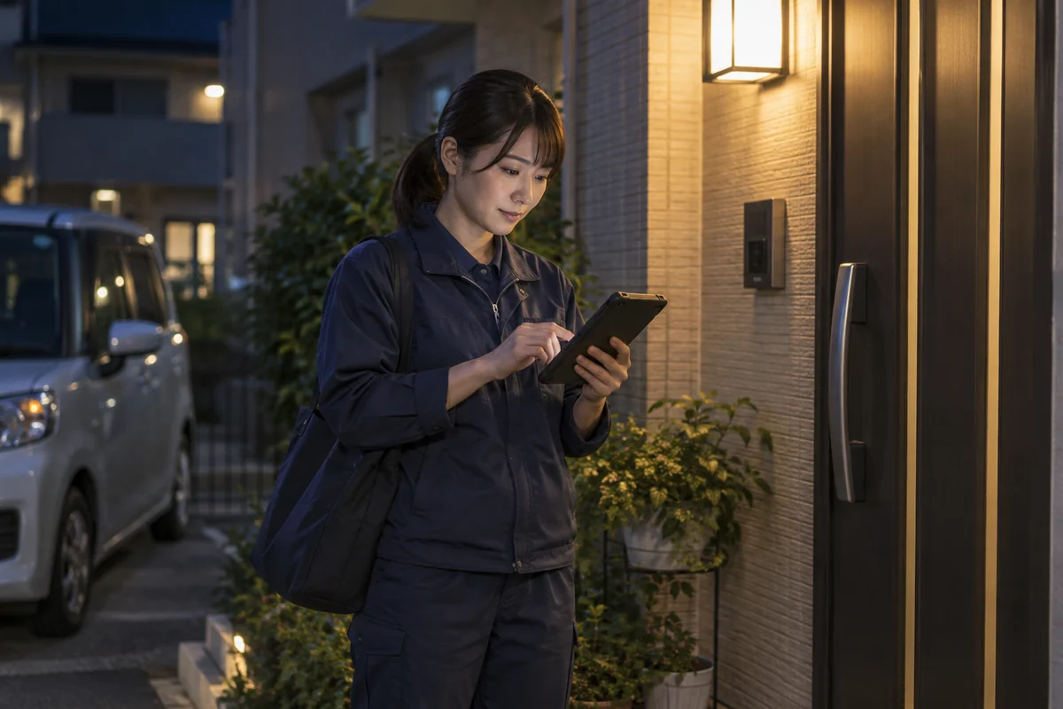 夜間の訪問先の玄関前で、訪問車両とともに端末を確認する介護職員を表したAI生成の架空イメージ